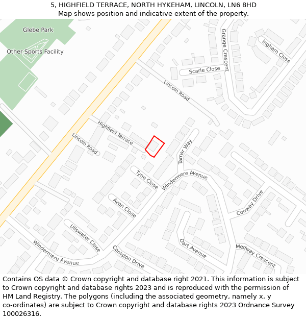 5, HIGHFIELD TERRACE, NORTH HYKEHAM, LINCOLN, LN6 8HD: Location map and indicative extent of plot