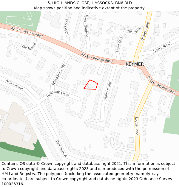5, HIGHLANDS CLOSE, HASSOCKS, BN6 8LD: Location map and indicative extent of plot
