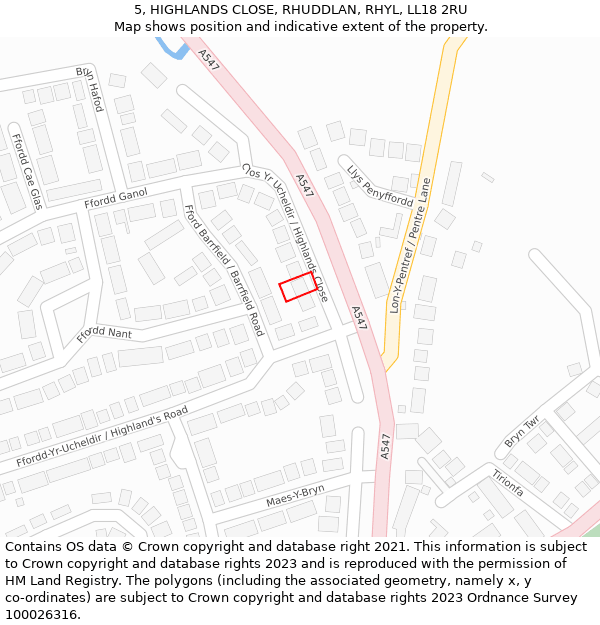 5, HIGHLANDS CLOSE, RHUDDLAN, RHYL, LL18 2RU: Location map and indicative extent of plot