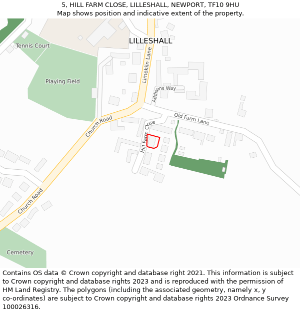 5, HILL FARM CLOSE, LILLESHALL, NEWPORT, TF10 9HU: Location map and indicative extent of plot