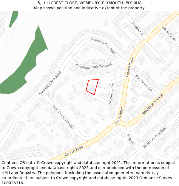 5, HILLCREST CLOSE, WEMBURY, PLYMOUTH, PL9 0HA: Location map and indicative extent of plot