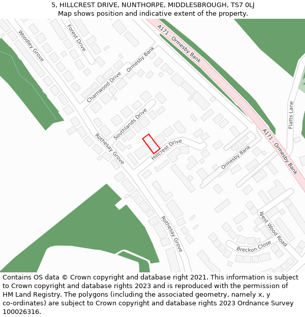 5, HILLCREST DRIVE, NUNTHORPE, MIDDLESBROUGH, TS7 0LJ: Location map and indicative extent of plot