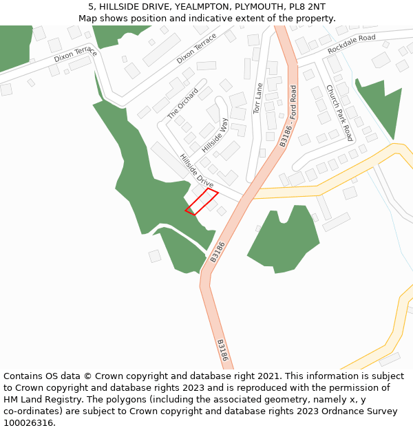 5, HILLSIDE DRIVE, YEALMPTON, PLYMOUTH, PL8 2NT: Location map and indicative extent of plot