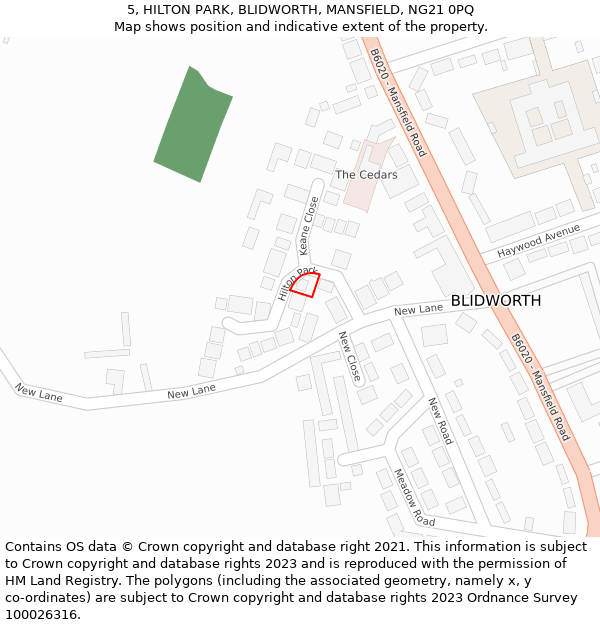 5, HILTON PARK, BLIDWORTH, MANSFIELD, NG21 0PQ: Location map and indicative extent of plot