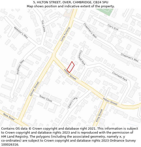5, HILTON STREET, OVER, CAMBRIDGE, CB24 5PU: Location map and indicative extent of plot