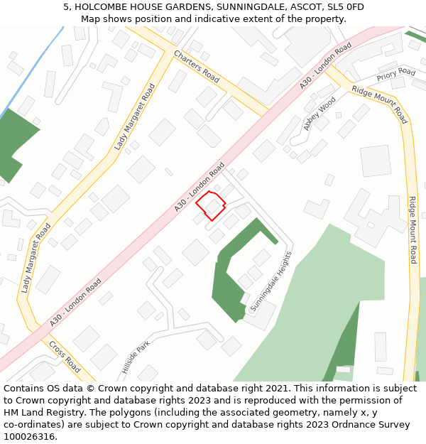 5, HOLCOMBE HOUSE GARDENS, SUNNINGDALE, ASCOT, SL5 0FD: Location map and indicative extent of plot