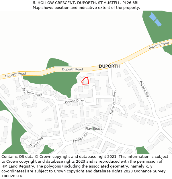 5, HOLLOW CRESCENT, DUPORTH, ST AUSTELL, PL26 6BL: Location map and indicative extent of plot