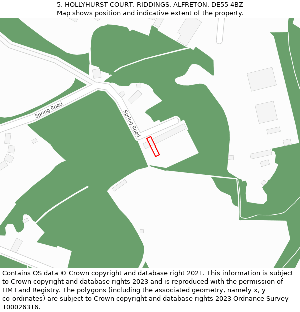 5, HOLLYHURST COURT, RIDDINGS, ALFRETON, DE55 4BZ: Location map and indicative extent of plot