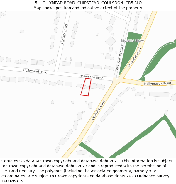 5, HOLLYMEAD ROAD, CHIPSTEAD, COULSDON, CR5 3LQ: Location map and indicative extent of plot