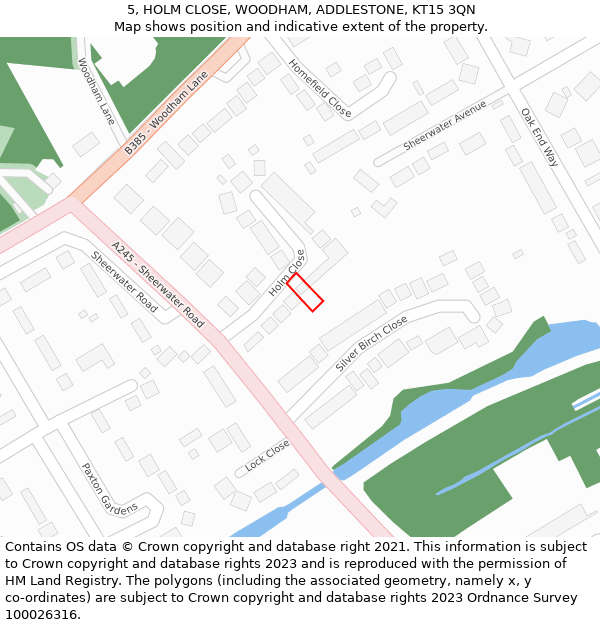 5, HOLM CLOSE, WOODHAM, ADDLESTONE, KT15 3QN: Location map and indicative extent of plot