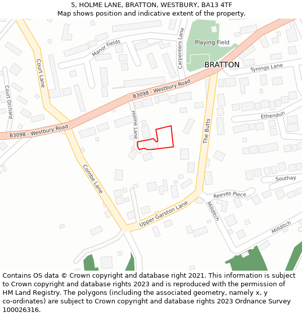 5, HOLME LANE, BRATTON, WESTBURY, BA13 4TF: Location map and indicative extent of plot