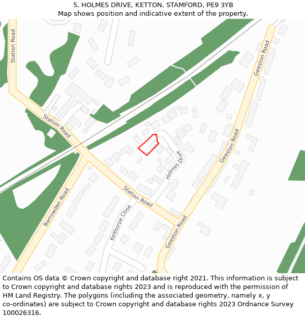 5, HOLMES DRIVE, KETTON, STAMFORD, PE9 3YB: Location map and indicative extent of plot