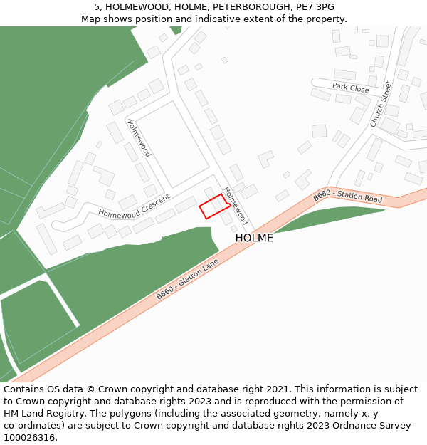 5, HOLMEWOOD, HOLME, PETERBOROUGH, PE7 3PG: Location map and indicative extent of plot