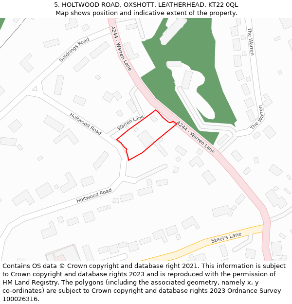 5, HOLTWOOD ROAD, OXSHOTT, LEATHERHEAD, KT22 0QL: Location map and indicative extent of plot