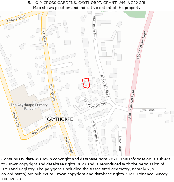 5, HOLY CROSS GARDENS, CAYTHORPE, GRANTHAM, NG32 3BL: Location map and indicative extent of plot