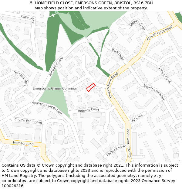 5, HOME FIELD CLOSE, EMERSONS GREEN, BRISTOL, BS16 7BH: Location map and indicative extent of plot