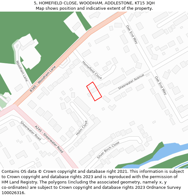 5, HOMEFIELD CLOSE, WOODHAM, ADDLESTONE, KT15 3QH: Location map and indicative extent of plot