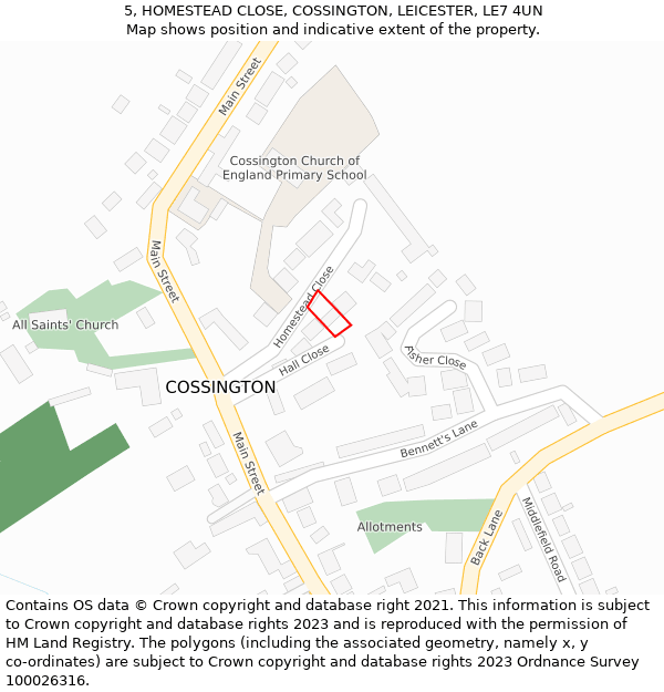 5, HOMESTEAD CLOSE, COSSINGTON, LEICESTER, LE7 4UN: Location map and indicative extent of plot