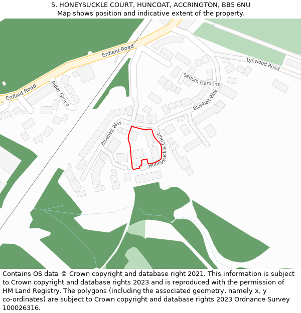 5, HONEYSUCKLE COURT, HUNCOAT, ACCRINGTON, BB5 6NU: Location map and indicative extent of plot