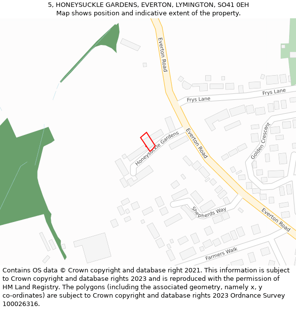 5, HONEYSUCKLE GARDENS, EVERTON, LYMINGTON, SO41 0EH: Location map and indicative extent of plot