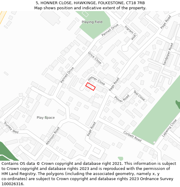 5, HONNER CLOSE, HAWKINGE, FOLKESTONE, CT18 7RB: Location map and indicative extent of plot