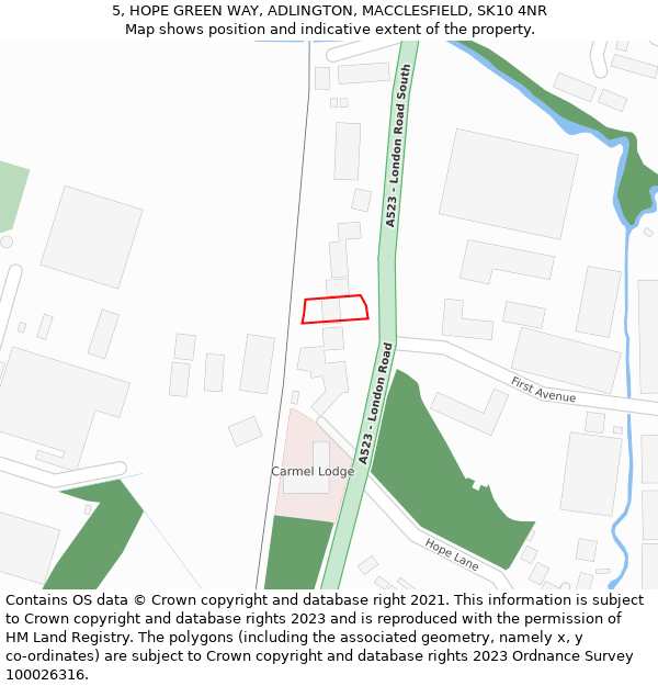 5, HOPE GREEN WAY, ADLINGTON, MACCLESFIELD, SK10 4NR: Location map and indicative extent of plot