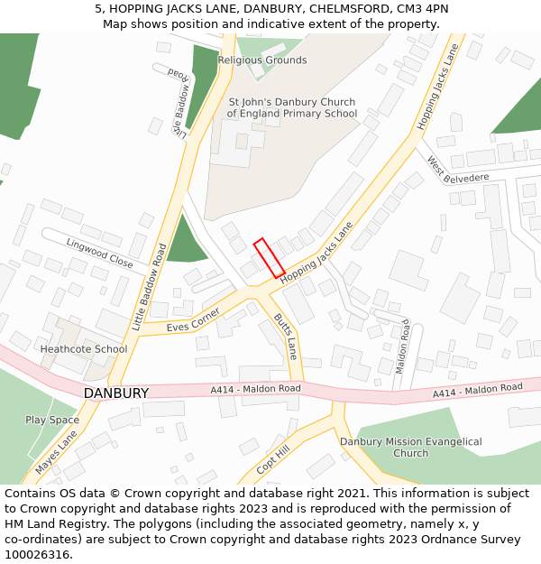 5, HOPPING JACKS LANE, DANBURY, CHELMSFORD, CM3 4PN: Location map and indicative extent of plot