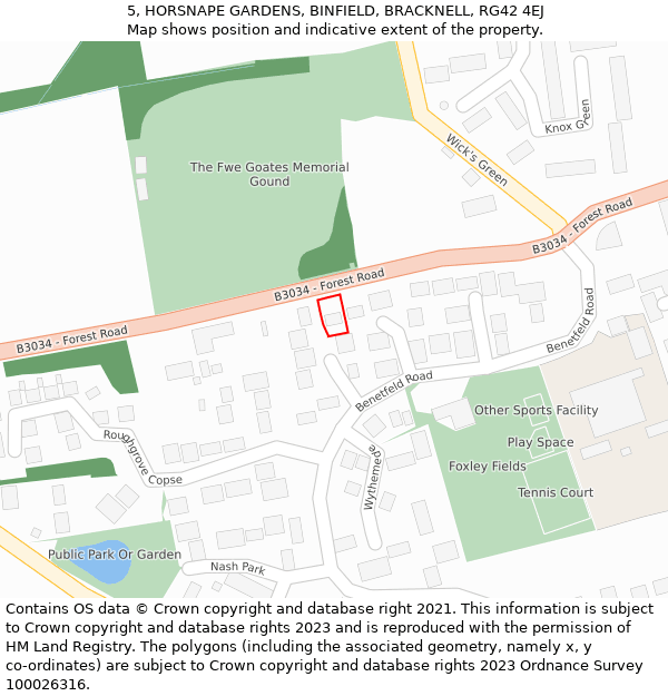5, HORSNAPE GARDENS, BINFIELD, BRACKNELL, RG42 4EJ: Location map and indicative extent of plot
