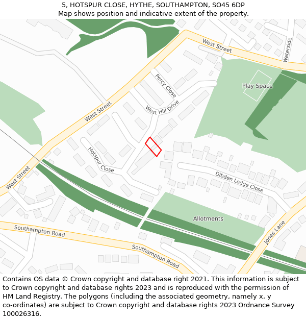 5, HOTSPUR CLOSE, HYTHE, SOUTHAMPTON, SO45 6DP: Location map and indicative extent of plot