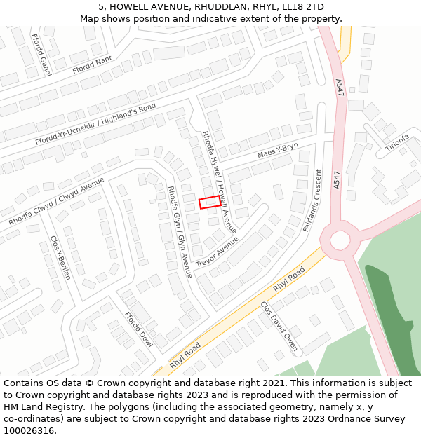 5, HOWELL AVENUE, RHUDDLAN, RHYL, LL18 2TD: Location map and indicative extent of plot