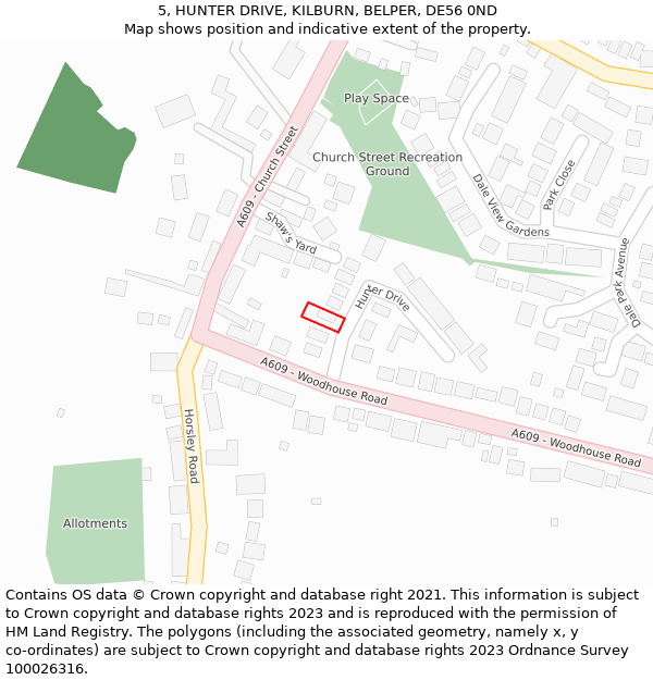 5, HUNTER DRIVE, KILBURN, BELPER, DE56 0ND: Location map and indicative extent of plot