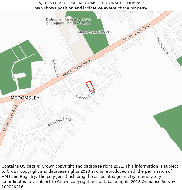 5, HUNTERS CLOSE, MEDOMSLEY, CONSETT, DH8 6SP: Location map and indicative extent of plot