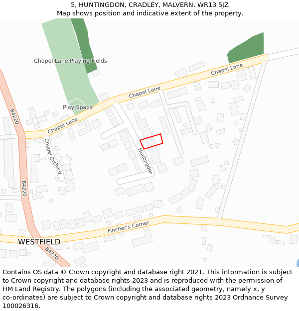 5, HUNTINGDON, CRADLEY, MALVERN, WR13 5JZ: Location map and indicative extent of plot