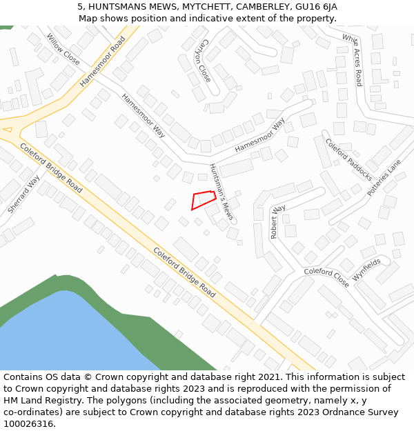 5, HUNTSMANS MEWS, MYTCHETT, CAMBERLEY, GU16 6JA: Location map and indicative extent of plot