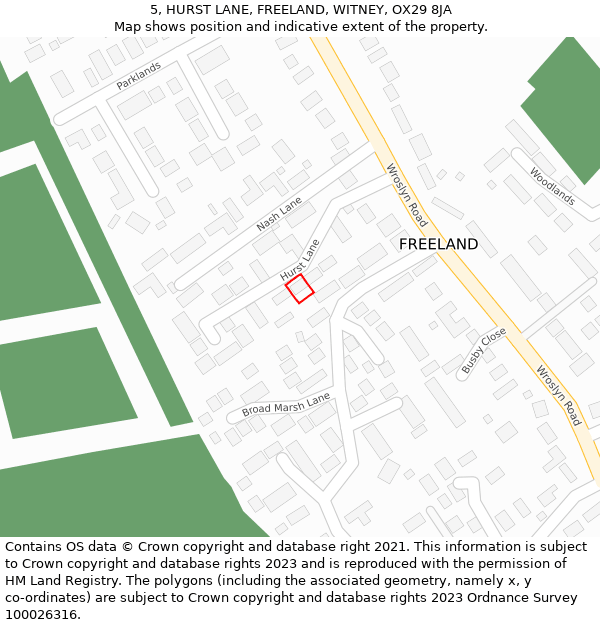 5, HURST LANE, FREELAND, WITNEY, OX29 8JA: Location map and indicative extent of plot