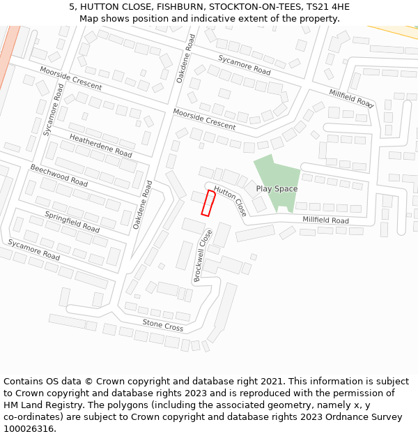 5, HUTTON CLOSE, FISHBURN, STOCKTON-ON-TEES, TS21 4HE: Location map and indicative extent of plot