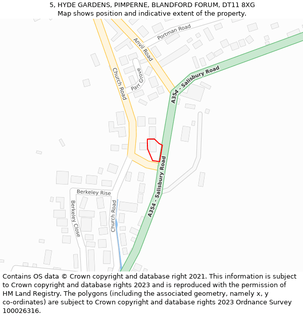 5, HYDE GARDENS, PIMPERNE, BLANDFORD FORUM, DT11 8XG: Location map and indicative extent of plot