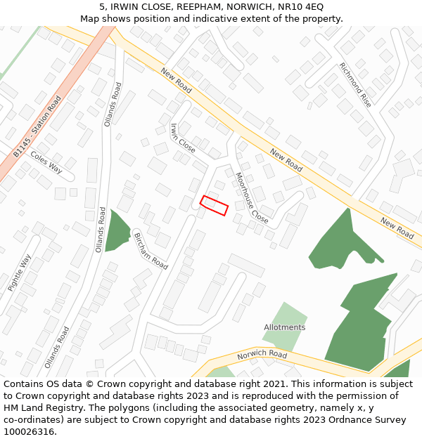 5, IRWIN CLOSE, REEPHAM, NORWICH, NR10 4EQ: Location map and indicative extent of plot