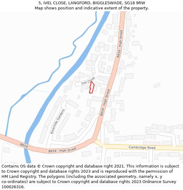 5, IVEL CLOSE, LANGFORD, BIGGLESWADE, SG18 9RW: Location map and indicative extent of plot