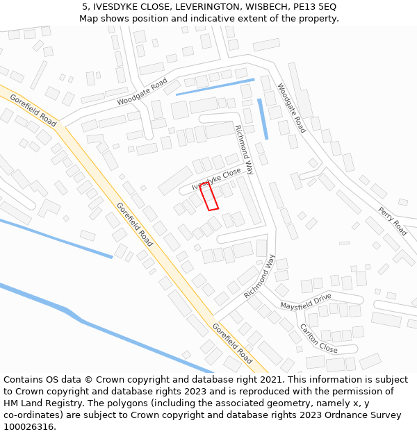 5, IVESDYKE CLOSE, LEVERINGTON, WISBECH, PE13 5EQ: Location map and indicative extent of plot