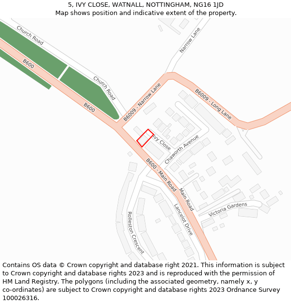 5, IVY CLOSE, WATNALL, NOTTINGHAM, NG16 1JD: Location map and indicative extent of plot