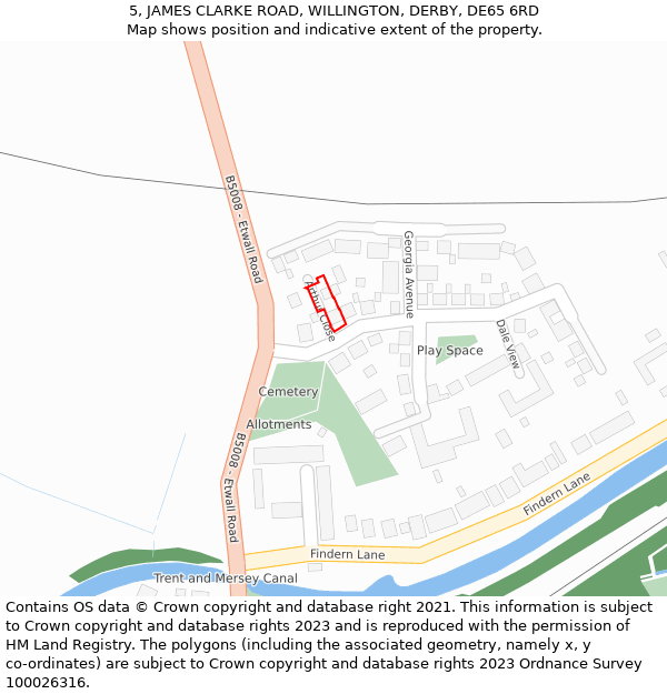 5, JAMES CLARKE ROAD, WILLINGTON, DERBY, DE65 6RD: Location map and indicative extent of plot