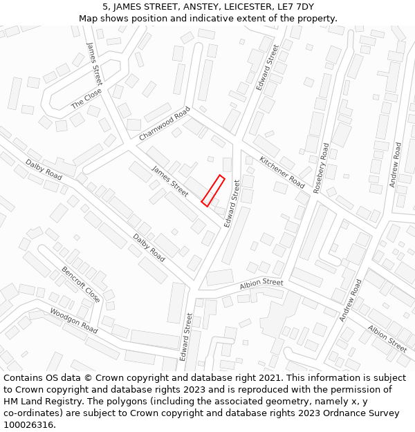 5, JAMES STREET, ANSTEY, LEICESTER, LE7 7DY: Location map and indicative extent of plot