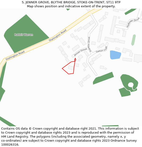 5, JENNER GROVE, BLYTHE BRIDGE, STOKE-ON-TRENT, ST11 9TP: Location map and indicative extent of plot