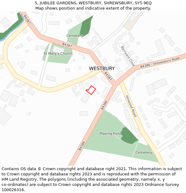 5, JUBILEE GARDENS, WESTBURY, SHREWSBURY, SY5 9EQ: Location map and indicative extent of plot