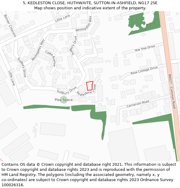 5, KEDLESTON CLOSE, HUTHWAITE, SUTTON-IN-ASHFIELD, NG17 2SE: Location map and indicative extent of plot