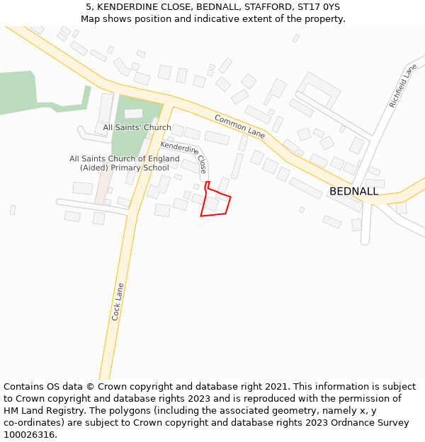 5, KENDERDINE CLOSE, BEDNALL, STAFFORD, ST17 0YS: Location map and indicative extent of plot