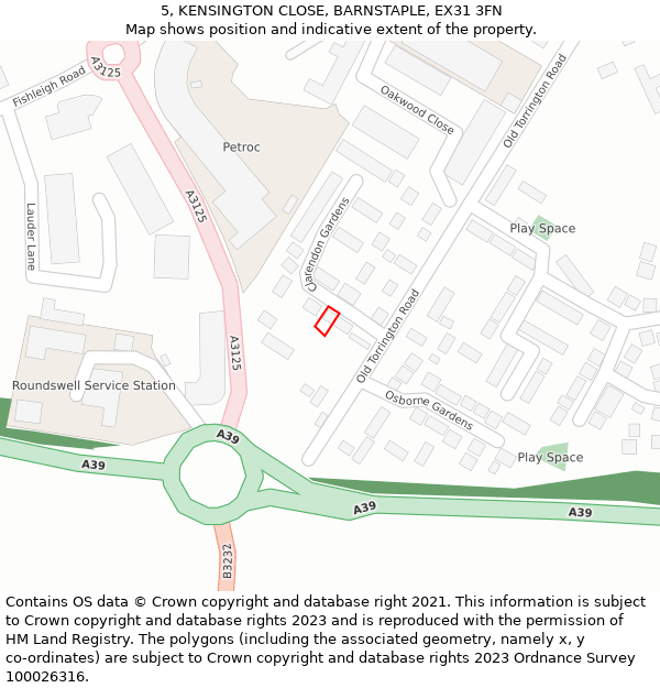 5, KENSINGTON CLOSE, BARNSTAPLE, EX31 3FN: Location map and indicative extent of plot