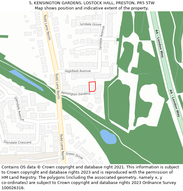 5, KENSINGTON GARDENS, LOSTOCK HALL, PRESTON, PR5 5TW: Location map and indicative extent of plot