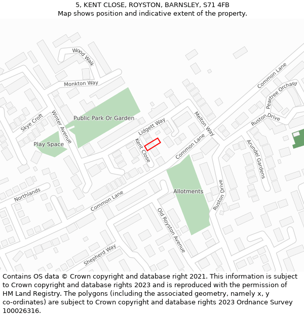 5, KENT CLOSE, ROYSTON, BARNSLEY, S71 4FB: Location map and indicative extent of plot